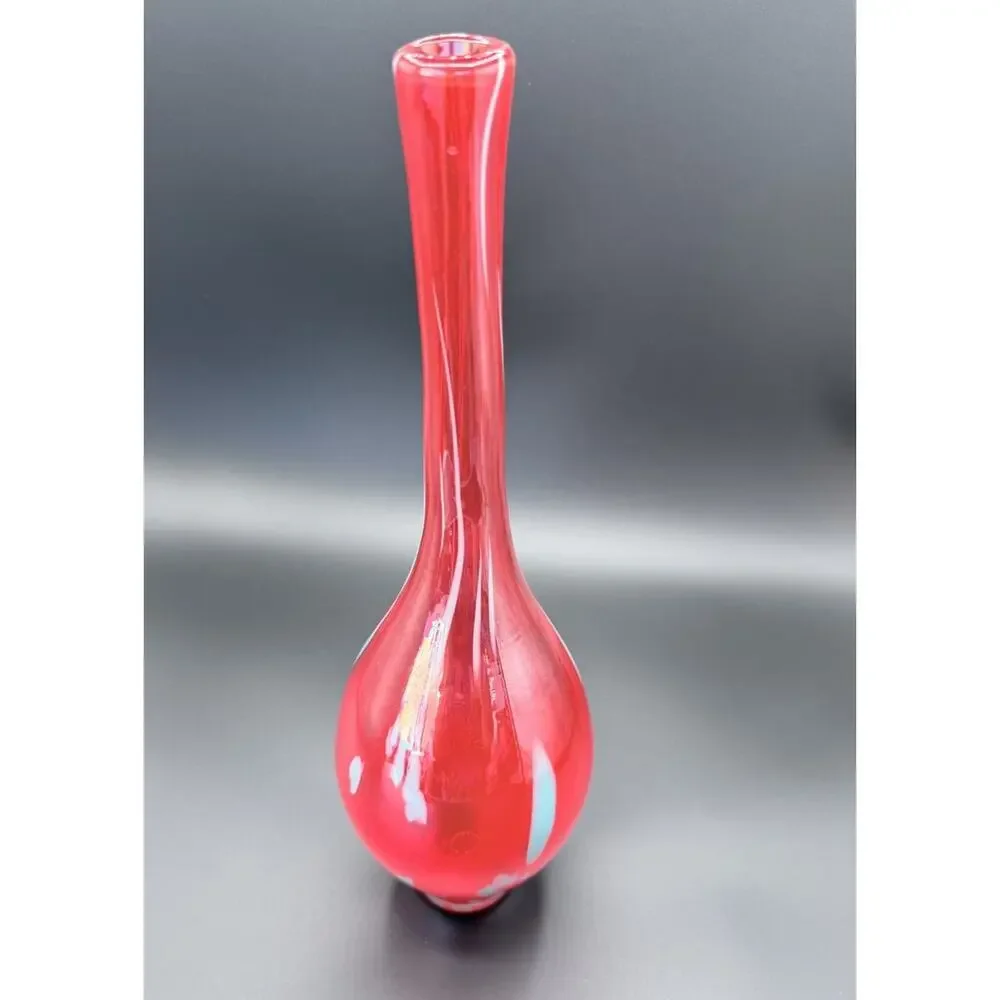 Vintage Red Swung Art Glass Vase Blue Applied Dots MCM Blown Glass 15.5”